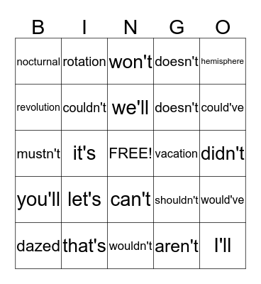 contractions & Concept Vocabulary Bingo Card