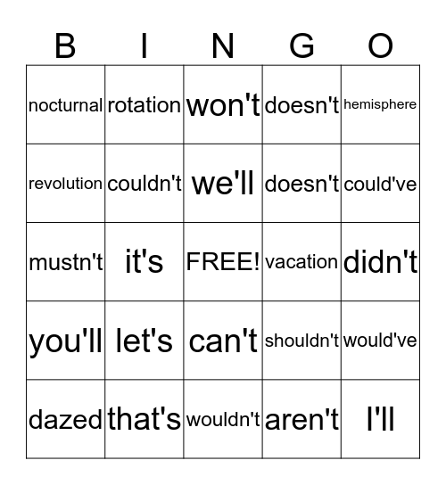 contractions & Concept Vocabulary Bingo Card