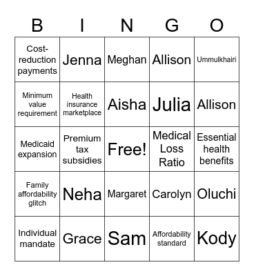 Health Reform Bingo Card