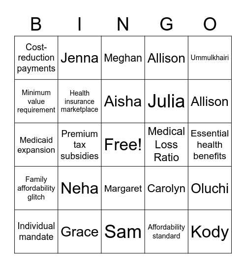 Health Reform Bingo Card
