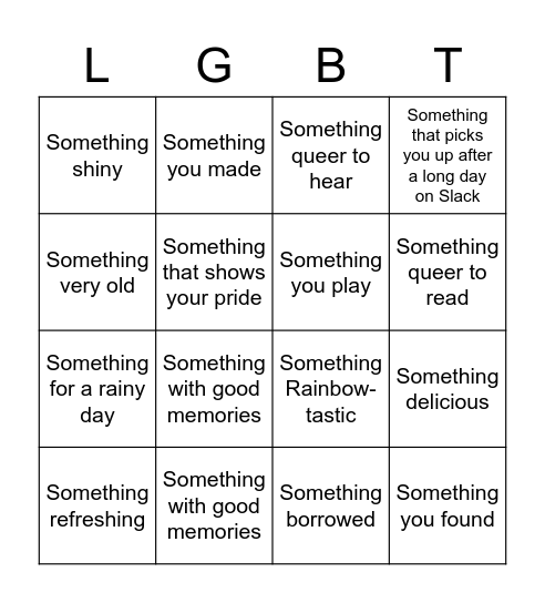 Bingo: Queer at Home Edition Bingo Card