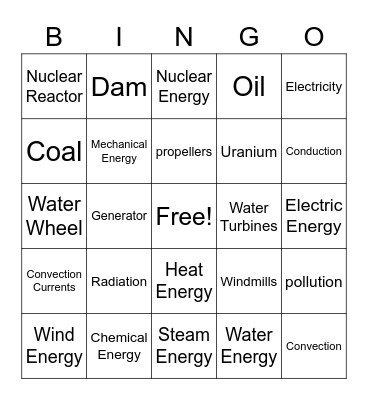 Energy Vocabulary Review Bingo Card