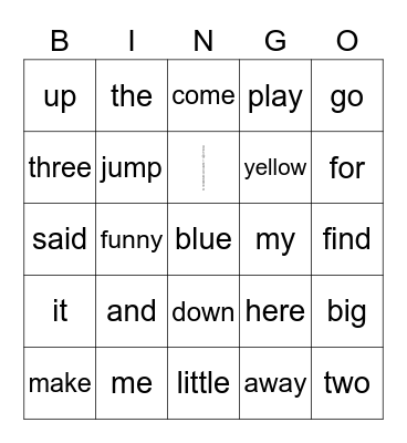Frequency Words List A Bingo Card