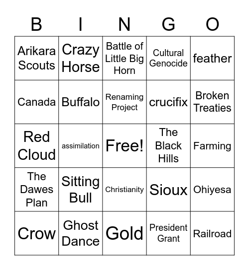 Bury My Heart at Wounded Knee Bingo Card