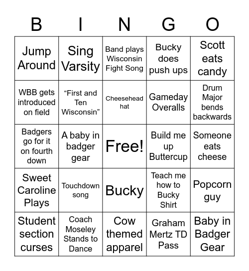 Wisconsin Football Bingo Card
