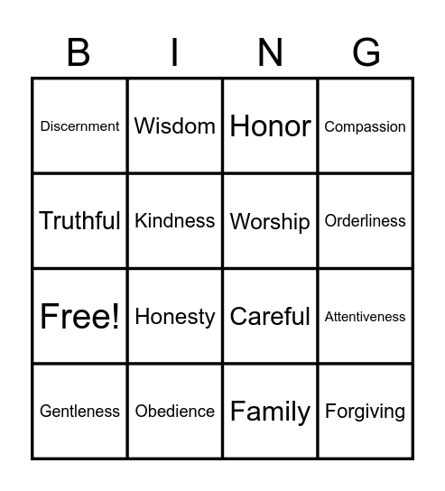 Godly Values Bingo Card