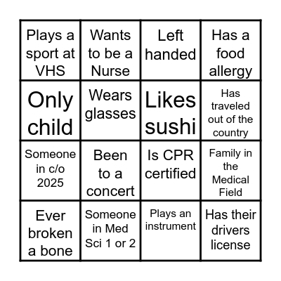 Nurse Club Ice Breaker BINGO Card