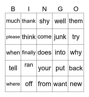 SIGHT WORDS BINGO Card