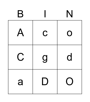 Letters a, c, d, o ,g Bingo Card