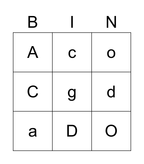 Letters a, c, d, o ,g Bingo Card