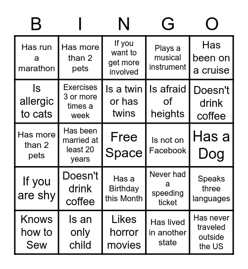 Get To Know You Bingo Card