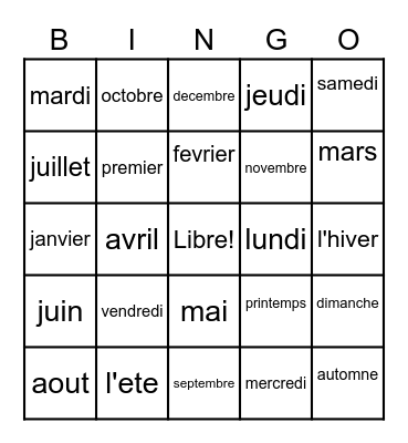 LOTO! <<Les mois et saisons>>> Bingo Card