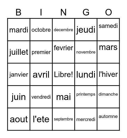 LOTO! <<Les mois et saisons>>> Bingo Card