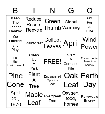 Arbor Day Bingo Card