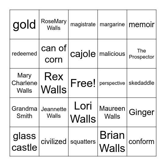 The Glass Castle Bingo Card