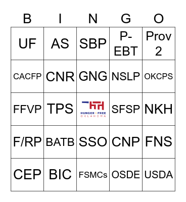 Child Nutrition Bingo Card