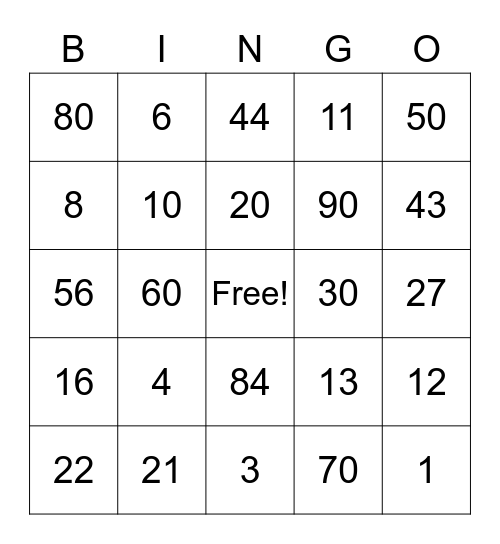 Numbers 0-100 Bingo Card