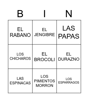 frutas y vegetales Bingo Card