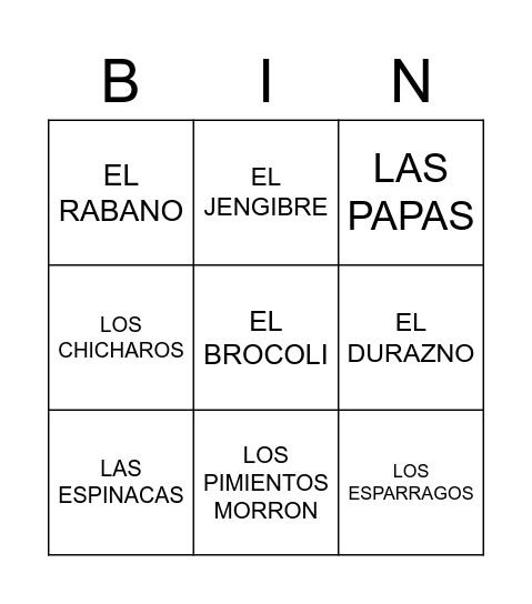 frutas y vegetales Bingo Card