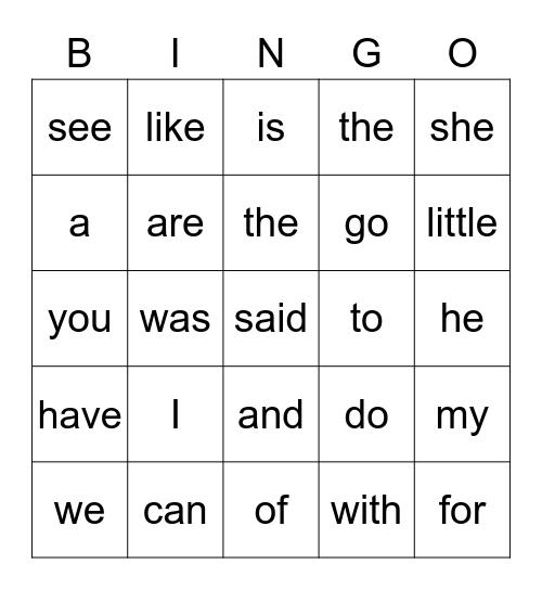 Sight Words Bingo 1 Bingo Card