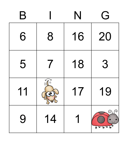 Number Bingo 1 - 20 Bingo Card