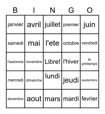 LOTO  <<Les mois et saisons>> Bingo Card