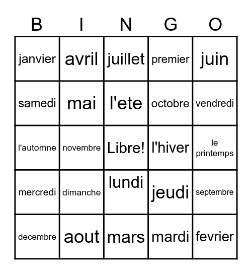 LOTO  <<Les mois et saisons>> Bingo Card