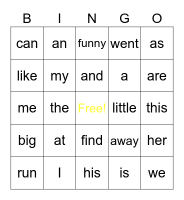 Site Word Bingo Card