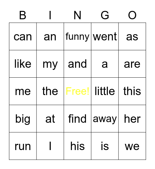 Site Word Bingo Card