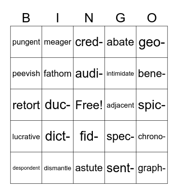 Vocabulary BINGO Card