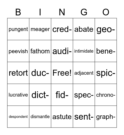 Vocabulary BINGO Card