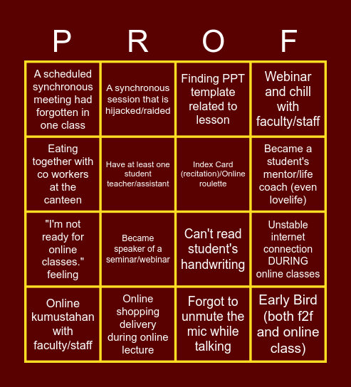 Online Appreciation Bingo (Professors' Edition) Bingo Card