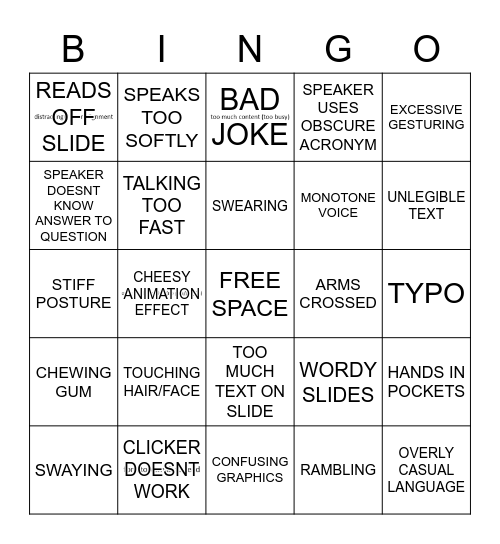 Bad Presentation Bingo Card