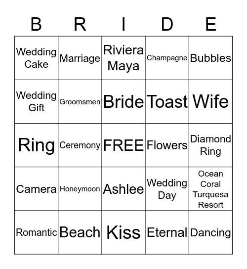 Ashlee and Zak's Wedding Shower Bingo Card