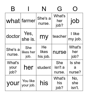 VanThink English 1A Lesson 7 Bingo Card
