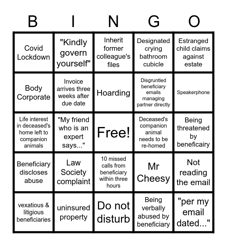 Estate Administration Bingo Card