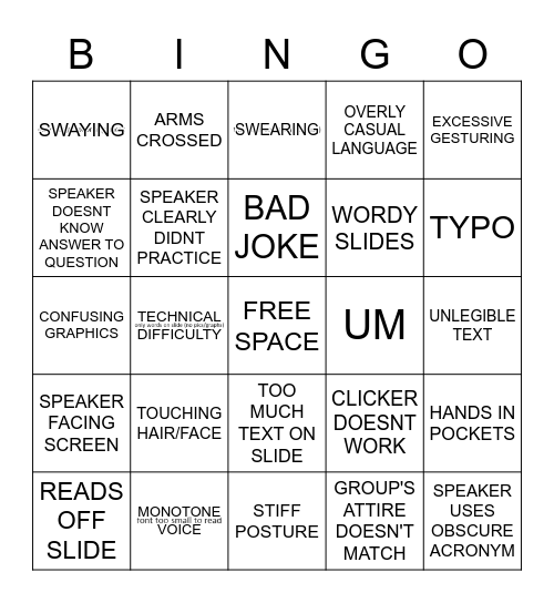 Bad Presentation Bingo Card