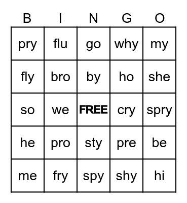 Open Syllable Bingo Card