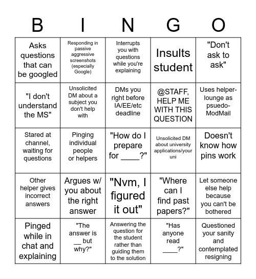 Helper Shenanigans Bingo Card