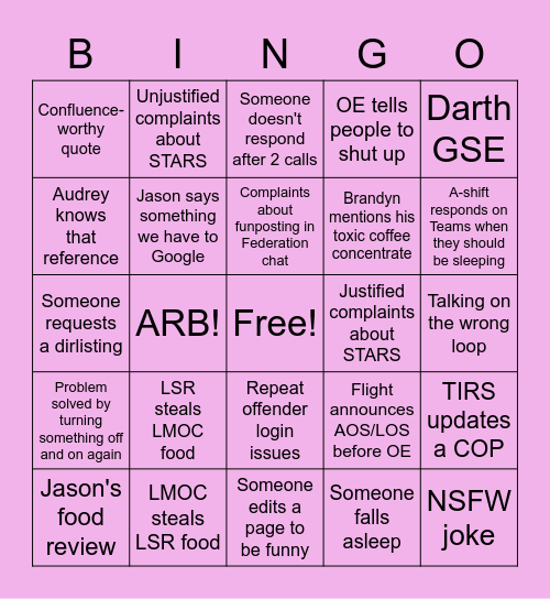 DOY 274 Night Shift Bingo Card