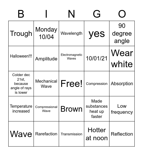 Waves/Light Vocab Bingo Card