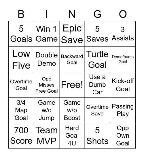 Rocket League Custom Game Bingo Card