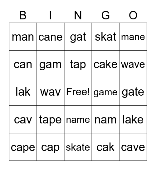 long A short A Bingo Card