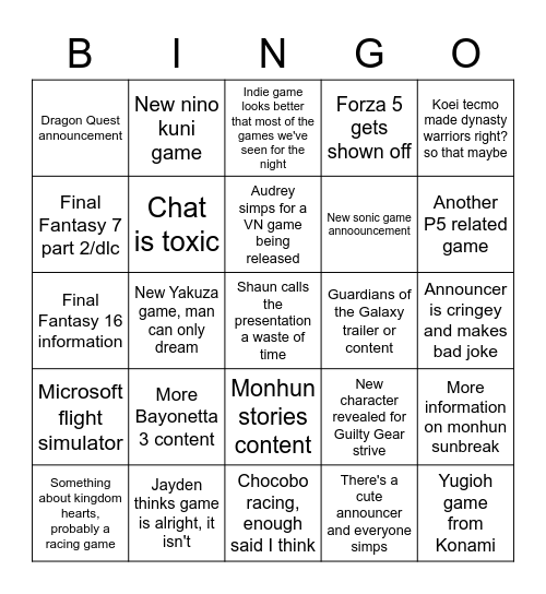 TGS 2021 bingo Card