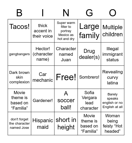 Mexican stereotypes in films Bingo Card! Bingo Card