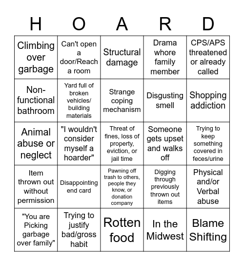 Hoarders Bingo Card