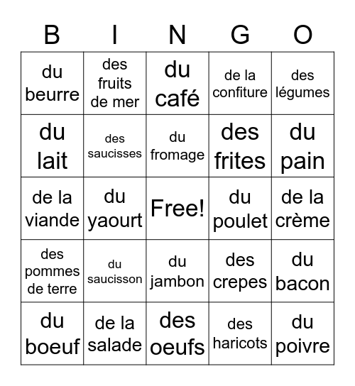 La Nourriture & partitive articles Bingo Card
