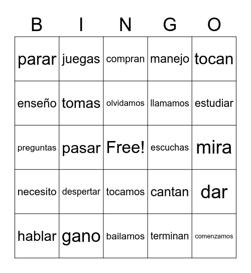 AR Verbs -- Infinitives and Conjugated Bingo Card
