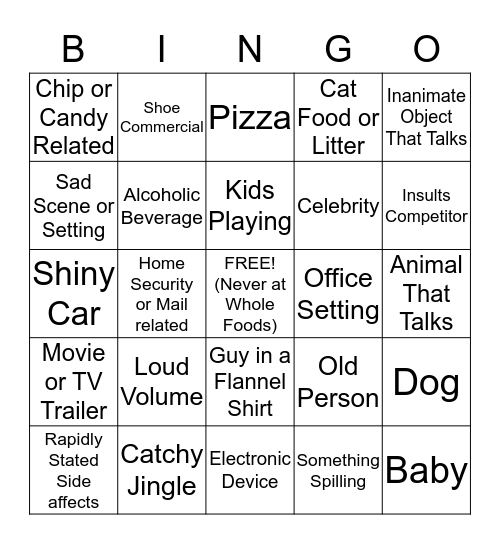 Make Commercials Fun Bingo! Bingo Card