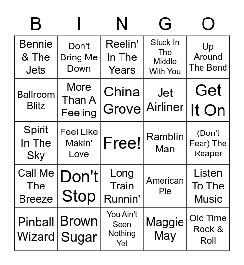 70's Rock Anthems Bingo Card